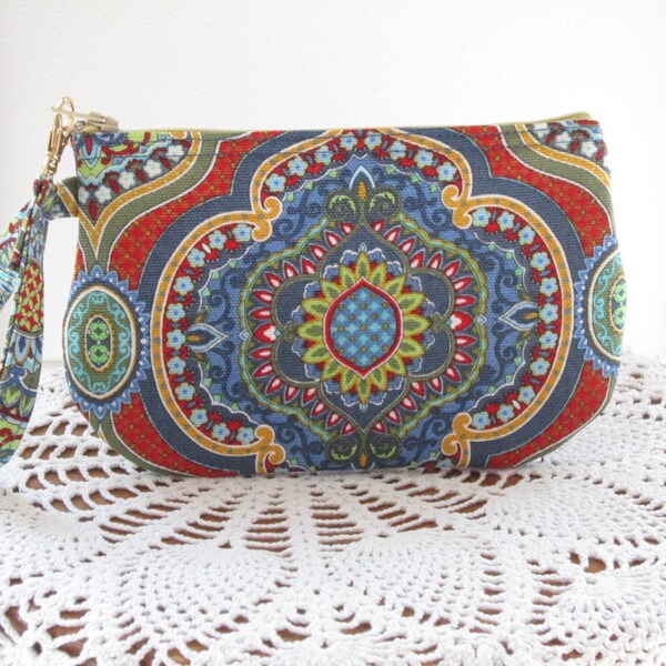 French Country, Bohemian, BOHO Clutch, Zipper Gadget Pouch, Wristlet. Smart Phone Bag