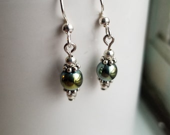 Electroplated Hematite green earrings, semi precious stone, dangle earrings, healing stones