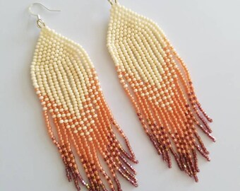 Ivory, grapefruit and raspberry gold fringe earrings, long dangle earrings, boho