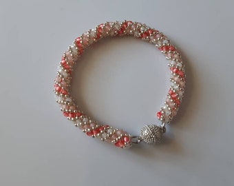 Silver, White opal, pink tea rose, apricot bracelet, metallic, bead weaving, hand beaded, bridal, mother of the bride, mother of the groom