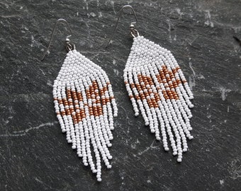 White and gold snowflake fringe earrings, long dangle earrings, frozen, winter, snow