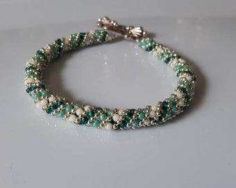 Turquoise, silver, teal and white bracelet, blue, boho, bead weaving, hand beaded