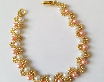 Pink, white and gold bracelet,  toggle clasp, bridesmaid, mother of the bride or groom,  bridal, tennis bracelet