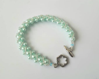 Turquoise and silver pearl bracelet, glass pearls, tennis bracelet, bridal, bridesmaids, mother of the bride, mother of the groom