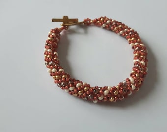 Terra cotta bracelet, brick red, gold, eggshell, bead weaving, hand beaded