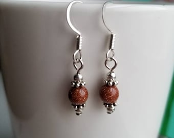 Goldstone, semi precious stone, dangle earrings, healing stones