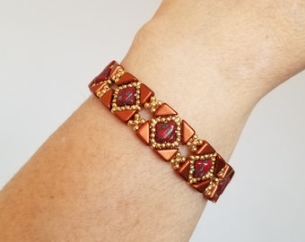 Backsplash bracelet, copper, red, gold, hand beaded, cuff