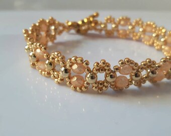 Gold tennis bracelet, crystals, fire polish, bead weaving, hand beaded, bridal