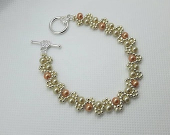 Silver, ivory, light bronze, champagne, glass pearls, toggle clasp, bridesmaid, mother of the bride or groom,  bridal, tennis bracelet