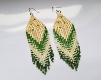 Ivory, olive, green fringe earrings, long dangle earrings, boho