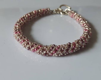 Silver, pink, fuscia, purple, violet bracelet, boho, metallic, bead weaving, hand beaded