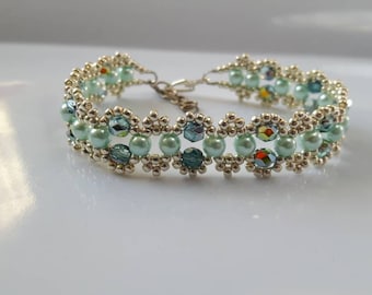 Silver and turquoise bracelet, light blue, Capri, crystals, bead weaving, hand beaded, bridal