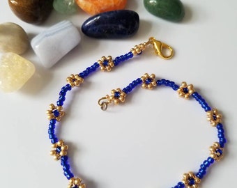 Cobalt blue and gold daisy anklet, flowers, beach, summer