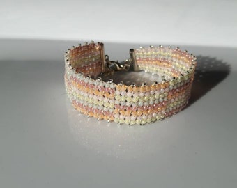 Opal, yellow, pink, apricot, purple and green flat chenille cuff bracelet, bead weaving, hand beaded