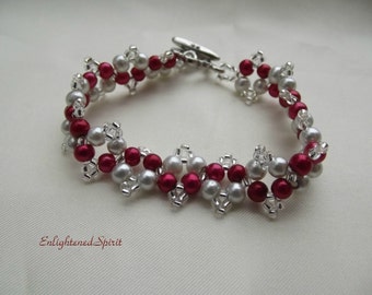 Red and white pearl bracelet, cranberry red, glass pearls, tennis bracelet, handbeaded