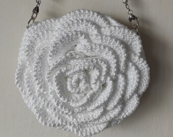 White crochet handbag white crochet wedding handbag rose with natural shell handle handmade evening crochet handbag with large rose