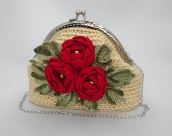 Small crochet bag small vintage purse kiss lock purse small womens wallet flower makeup bag frame bag crochet handbag floral cosmetic bag