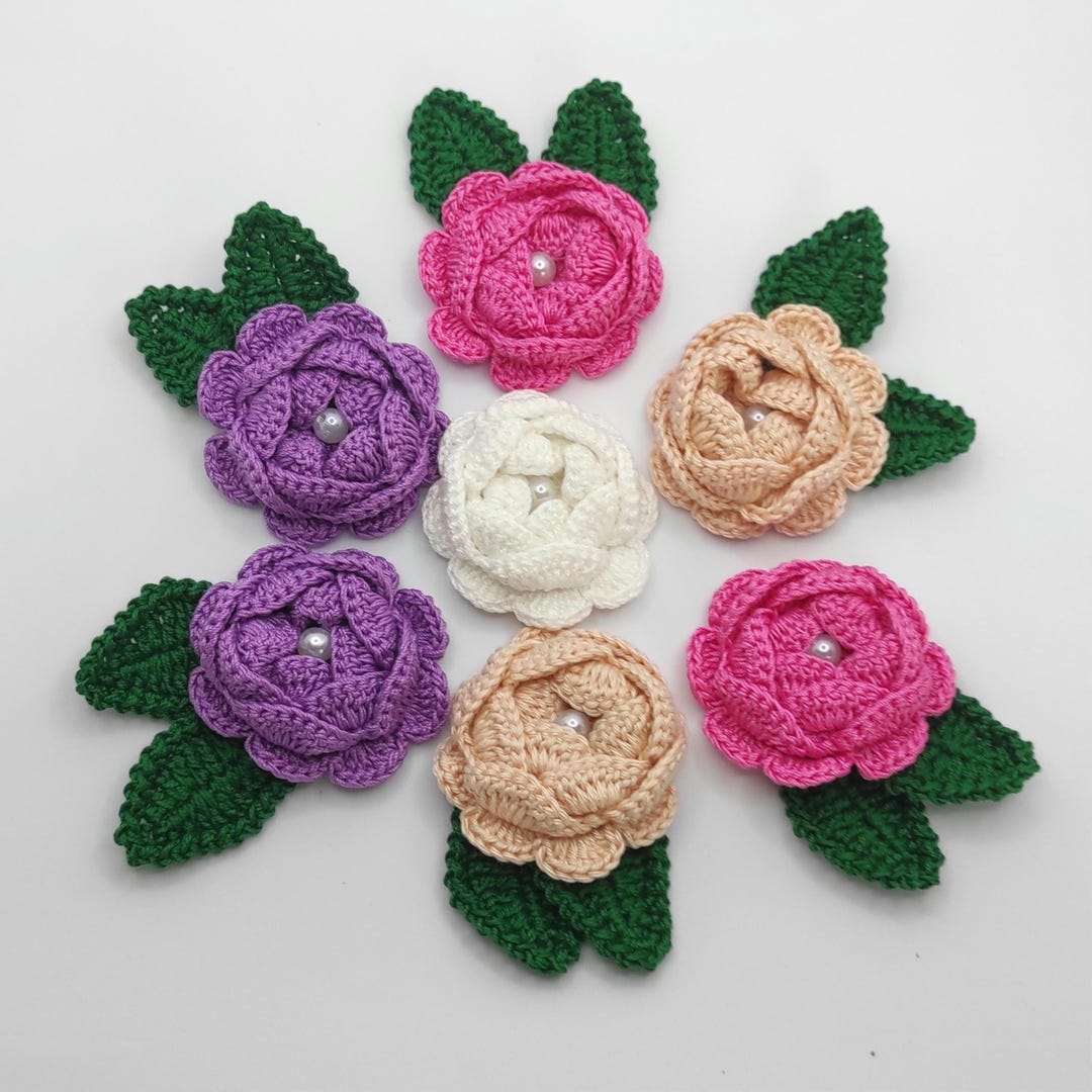 Set of Crocheted Colored Roses and Green Leaves, Bright Rose Flowers ...