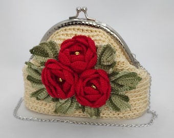 Small crochet bag small vintage purse kiss lock purse small womens wallet flower makeup bag frame bag crochet handbag floral cosmetic bag