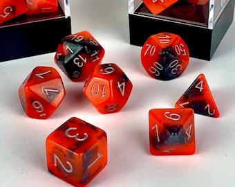 BLKRNBW Black swirl with Red Glow adventure dice set