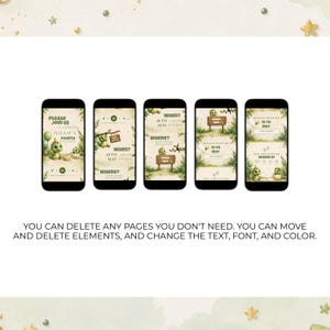 May include: Five smartphone screens displaying a digital birthday invitation template featuring green dinosaur illustrations, foliage, and wooden sign graphics. The text includes "Please join us in celebrating Noah's fourth birthday," "When?," "Where?," and "Please RSVP."
