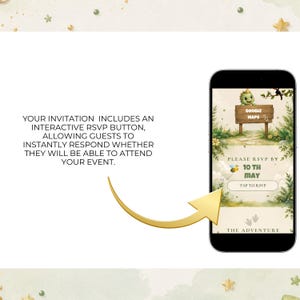 May include: A smartphone displaying a digital invitation with a green dinosaur, a wooden Google Maps sign, and a Tap to RSVP button. Text reads: Your invitation includes an interactive RSVP button, allowing guests to instantly respond.