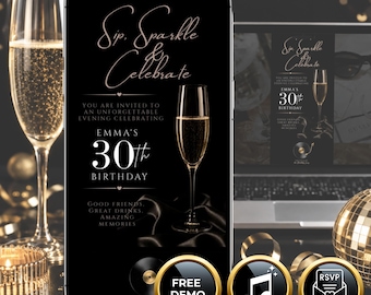 Champagne Birthday Website Digital Invitation Template RSVP Music Countdown, Personalized Black Gold Birthday Invitate for woman