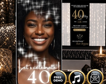 Digital Website Black Birthday Invitation with RSVP Music, Birthday Invitation canva Template, Elegant Custom Birthday Invitation with photo