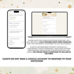 May include: A smartphone and a laptop displaying a digital RSVP form template for a birthday party. The form includes questions about attendance, guest count, dietary restrictions, and meal choices, with text explaining the editable nature of the form.