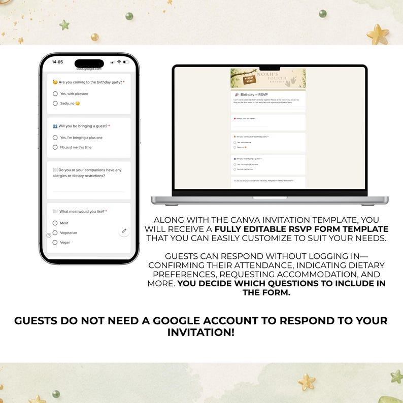 May include: A smartphone and a laptop displaying a digital RSVP form template for a birthday party. The form includes questions about attendance, guest count, dietary restrictions, and meal choices, with text explaining the editable nature of the form.