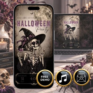 May include: A digital Halloween party invitation displayed on a smartphone screen, featuring a skeleton wearing a witch hat and heart-shaped sunglasses, holding a cocktail. The text reads You Are Invited To A Halloween Party, Saturday 31 Oct, 4:00 PM.