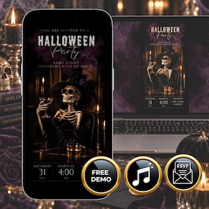May include: A digital Halloween party invitation displayed on a smartphone and laptop screen, featuring a skeleton wearing a witch hat and sunglasses, holding a glass. The text reads: You are invited to a Halloween party, same night different kind of magic.