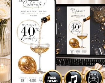 Champagne Birthday Website Digital Invitation Template RSVP Music Countdown, Elegant Gold Ballons Birthday Invitation for Women
