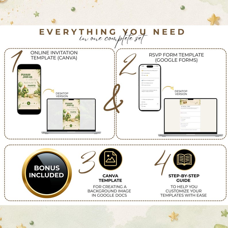May include: A digital party planning set featuring an online invitation template for Canva, an RSVP form template for Google Forms, a bonus Canva template for Google Docs backgrounds, and a step-by-step guide for customization on mobile and desktop.