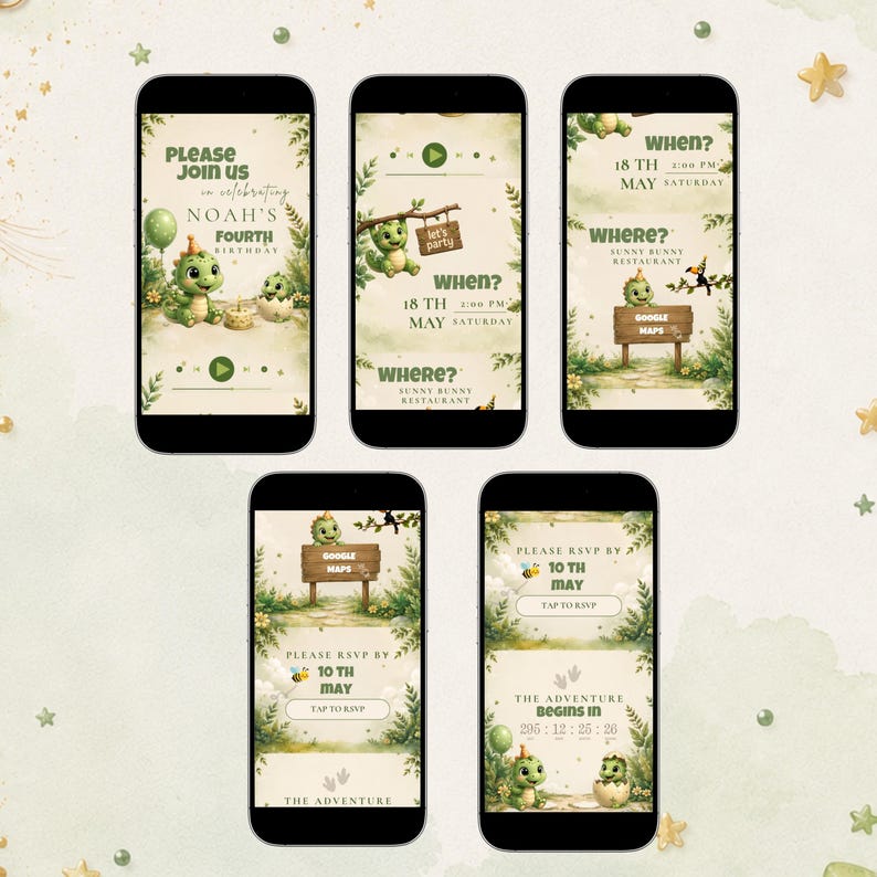 May include: Five smartphones displaying a digital birthday invitation template featuring a green cartoon dragon theme. The screens show text including Please Join Us, Noah's Fourth Birthday, When, Where, Google Maps, and RSVP details with a countdown timer.