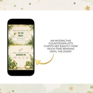 May include: A smartphone displaying a digital invitation with a jungle theme, featuring two green baby dinosaurs, a bee, and text reading PLEASE RSVP BY 10 TH MAY, TAP TO RSVP, and THE ADVENTURE BEGINS IN with a countdown timer of 295:12:25:26.