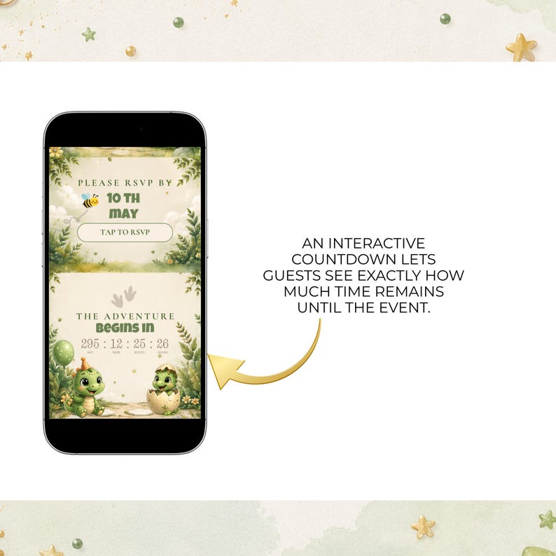 May include: A smartphone displaying a digital invitation with a jungle theme, featuring two green baby dinosaurs, a bee, and text reading PLEASE RSVP BY 10 TH MAY, TAP TO RSVP, and THE ADVENTURE BEGINS IN with a countdown timer of 295:12:25:26.
