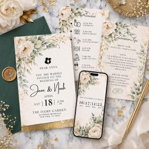 May include: A wedding invitation suite with a floral design and gold detailing. The set includes an invitation, a timeline, and a card with celebration tips. A smartphone shows a countdown timer. The invitation reads "Jane & Noah" and the date.