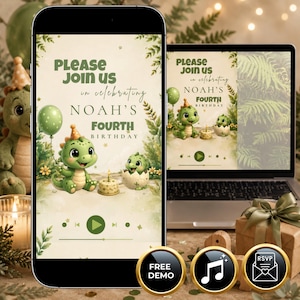 May include: A digital birthday invitation displayed on a smartphone and laptop screen featuring a green cartoon dinosaur, a party hat, a birthday cake, and the text: Please join us in celebrating Noah's fourth birthday with music player icons.