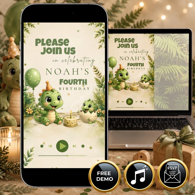 May include: A digital birthday invitation displayed on a smartphone and laptop screen featuring a green cartoon dinosaur, a party hat, a birthday cake, and the text: Please join us in celebrating Noah's fourth birthday with music player icons.