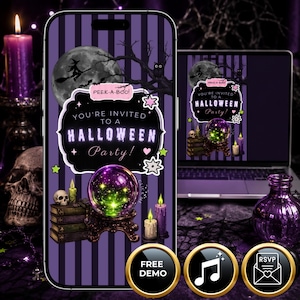 May include: A digital Halloween party invitation displayed on a smartphone and laptop screen. The design features purple vertical stripes, a full moon with a witch silhouette, a glowing crystal ball, stacked books, and a skull. Text reads PEEK-A-BOO! YOU'RE INVITED TO A HALLOWEEN PARTY!