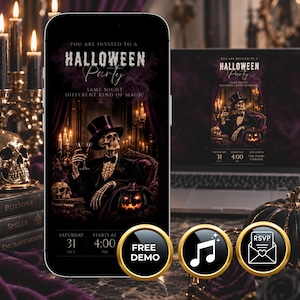 May include: A smartphone screen displaying a digital Halloween party invitation featuring a skeleton in a tuxedo and top hat holding a glass, with text reading "You are invited to a Halloween party, same night different kind of magic, Saturday 31 Oct, starts at 4:00 PM."
