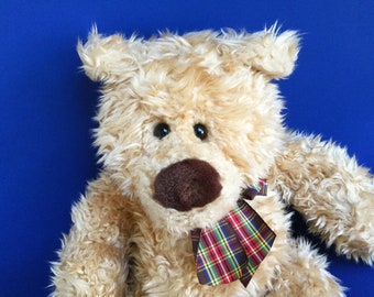 Gund Teddy Bear, Stuffed Animal, 1990s Toys, Curly Fur, Classic Teddy Bear, Plaid Ribbon, Vintage Plush