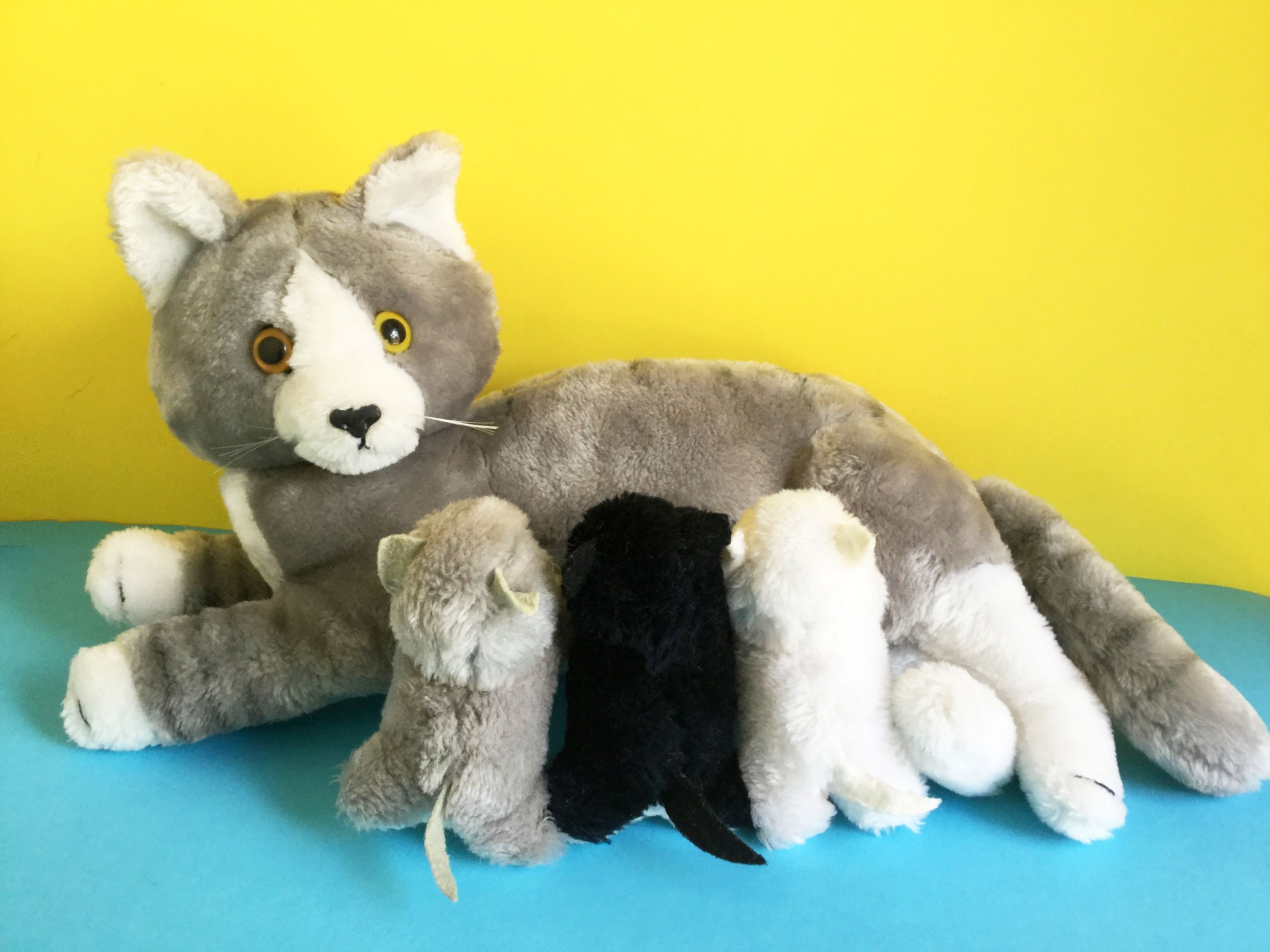 Vintage Mama Cat and 3 Nursing Kittens Stuffed Animal by R. Etsy