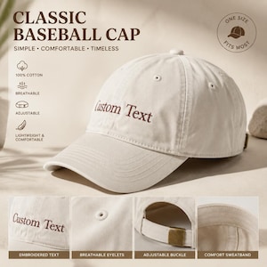 May include: A beige baseball cap with the text "Custom Text" embroidered on the front. The cap features a curved brim, adjustable buckle, and breathable eyelets. The text "Classic Baseball Cap" is at the top of the image.