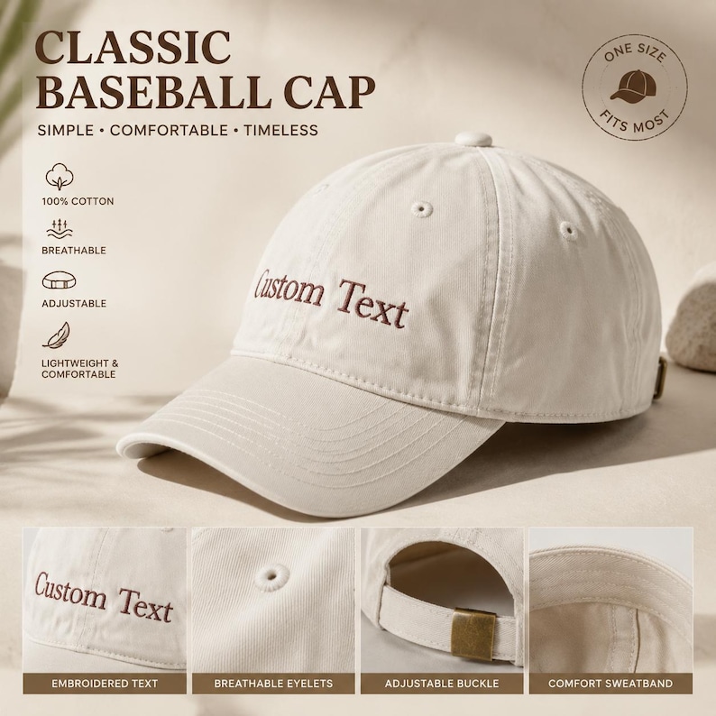 May include: A beige baseball cap with the text "Custom Text" embroidered on the front. The cap features a curved brim, adjustable buckle, and breathable eyelets. The text "Classic Baseball Cap" is at the top of the image.