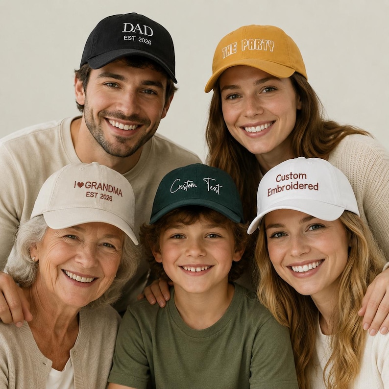 May include: A group of five people wearing baseball caps with custom text. The caps are in various colors, including black, yellow, white, and green. The text on the caps includes "DAD EST 2026", "THE PARTY", "I GRANDMA EST 2026", "Custom Text", and "Custom Embroidered".
