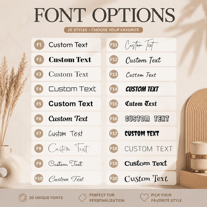 May include: A graphic showcasing 20 font options for customization. Each font is displayed with the text "Custom Text" in various styles, ranging from classic to modern. The image includes the text "Font Options" and "Choose Your Favorite."