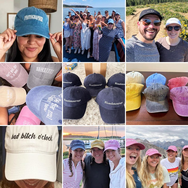 May include: Collection of baseball caps in various colors, including blue, gray, yellow, and pink. Some caps feature embroidered text such as "PHOTOGRAPHER", "CHICAGO", and "bad bitch o'clock". The caps are a casual accessory.