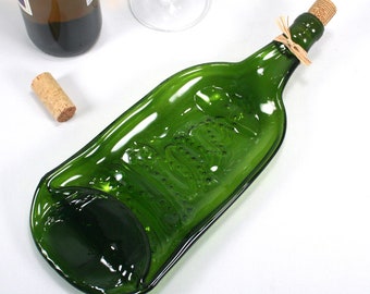 Large Holiday Tree Green Wine Bottle Serving Tray Spoon Rest Cork Raffia Recycled Melted Wine Bottle Foodie gift Wine gift